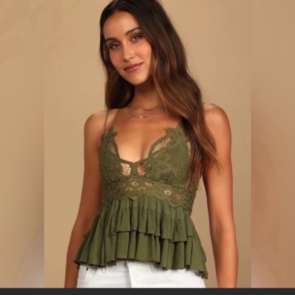 NWT Free People Adella Lace Cami Top - Olive Sparrow - Picture 3 of 9